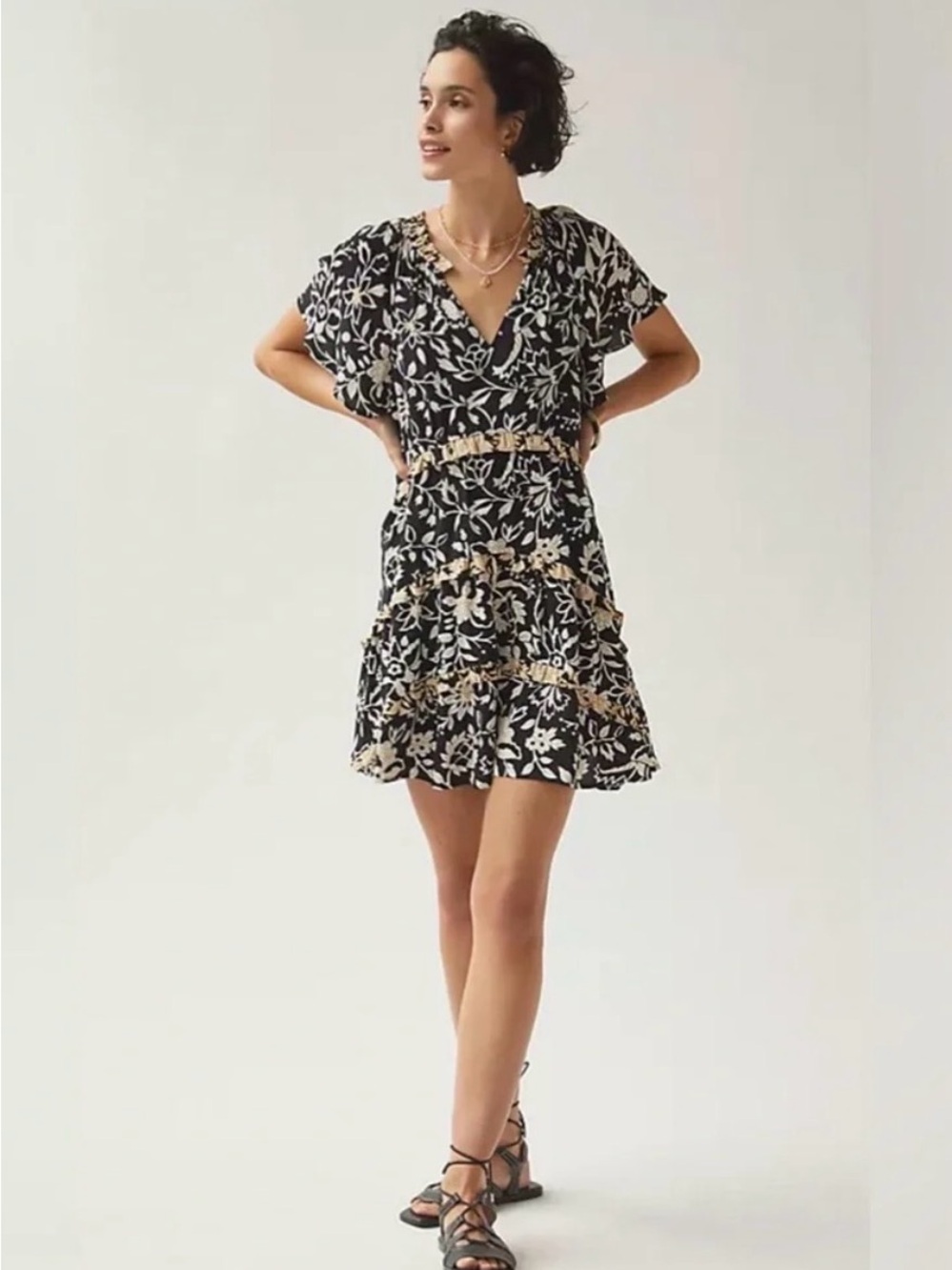By Anthropologie Robin Floral Tiered Ruffle Mini Dress Black Gold S